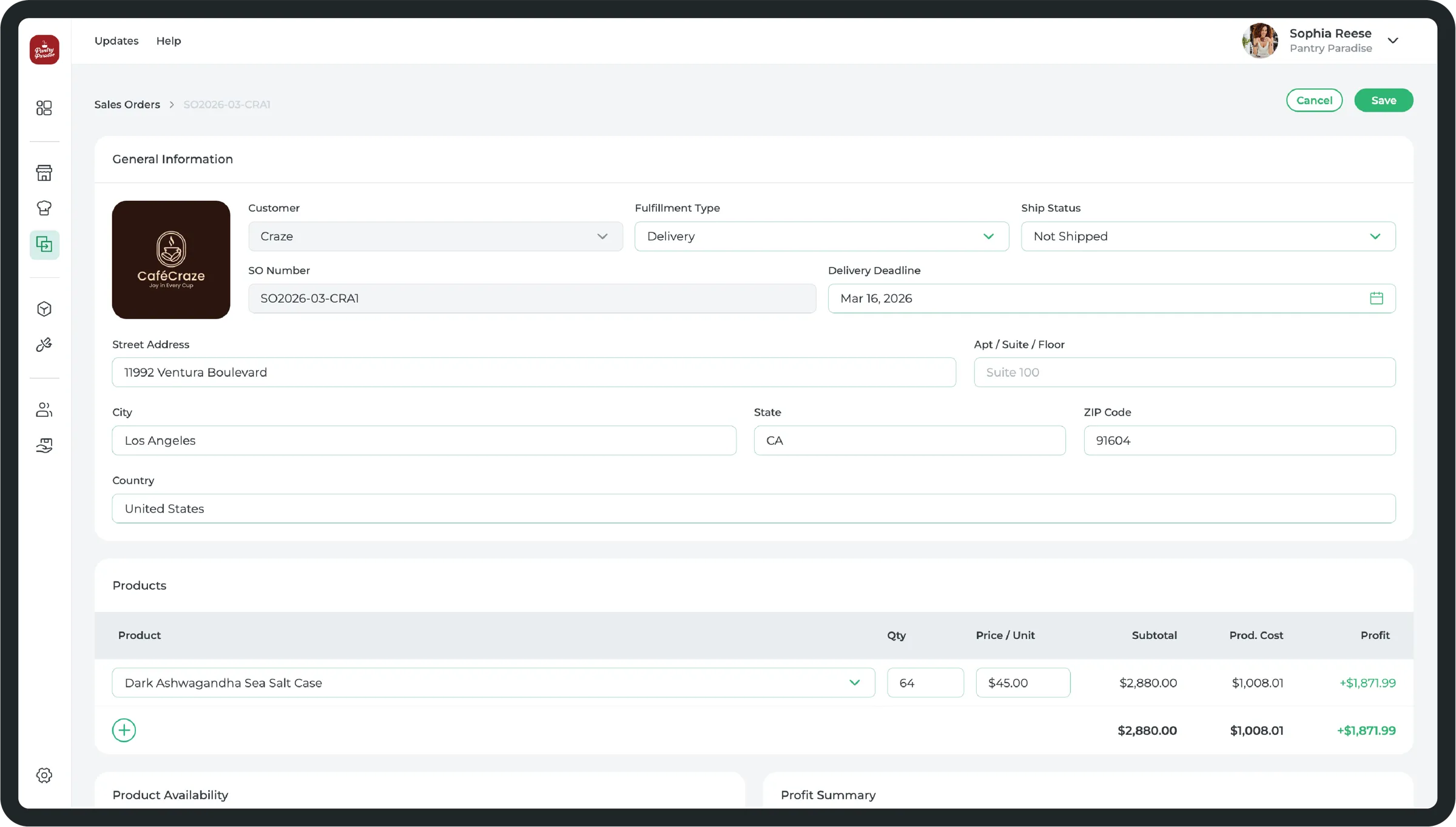 Prophitable sales order page showing line items, costs, and margin