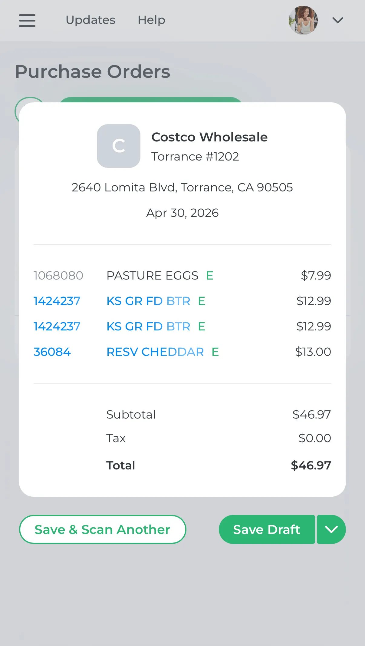 Scan a supplier receipt and update costs and inventory from your phone